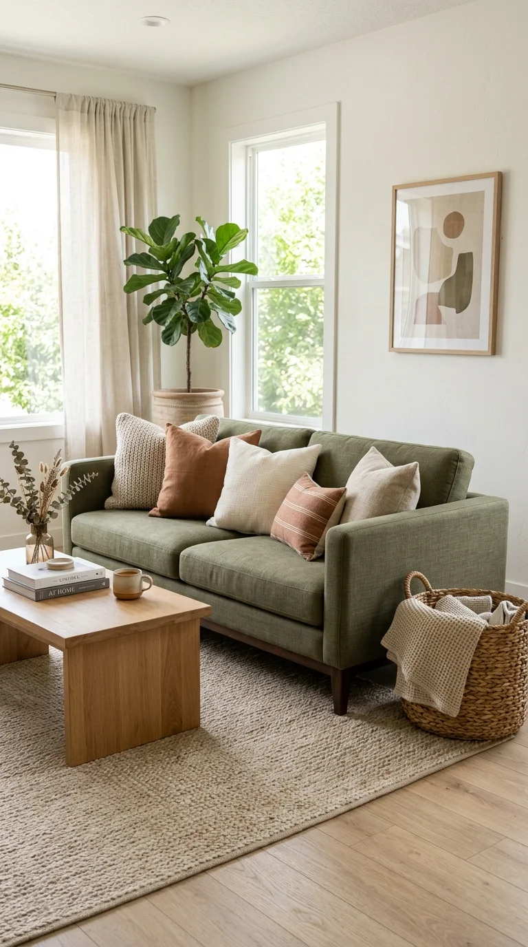 010 Olive Green Sofa A muted olive green sofa with oat