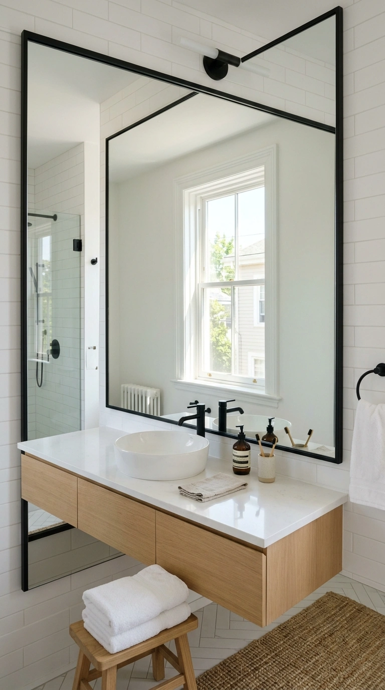 010 Oversized Statement Mirror A small bathroom with o
