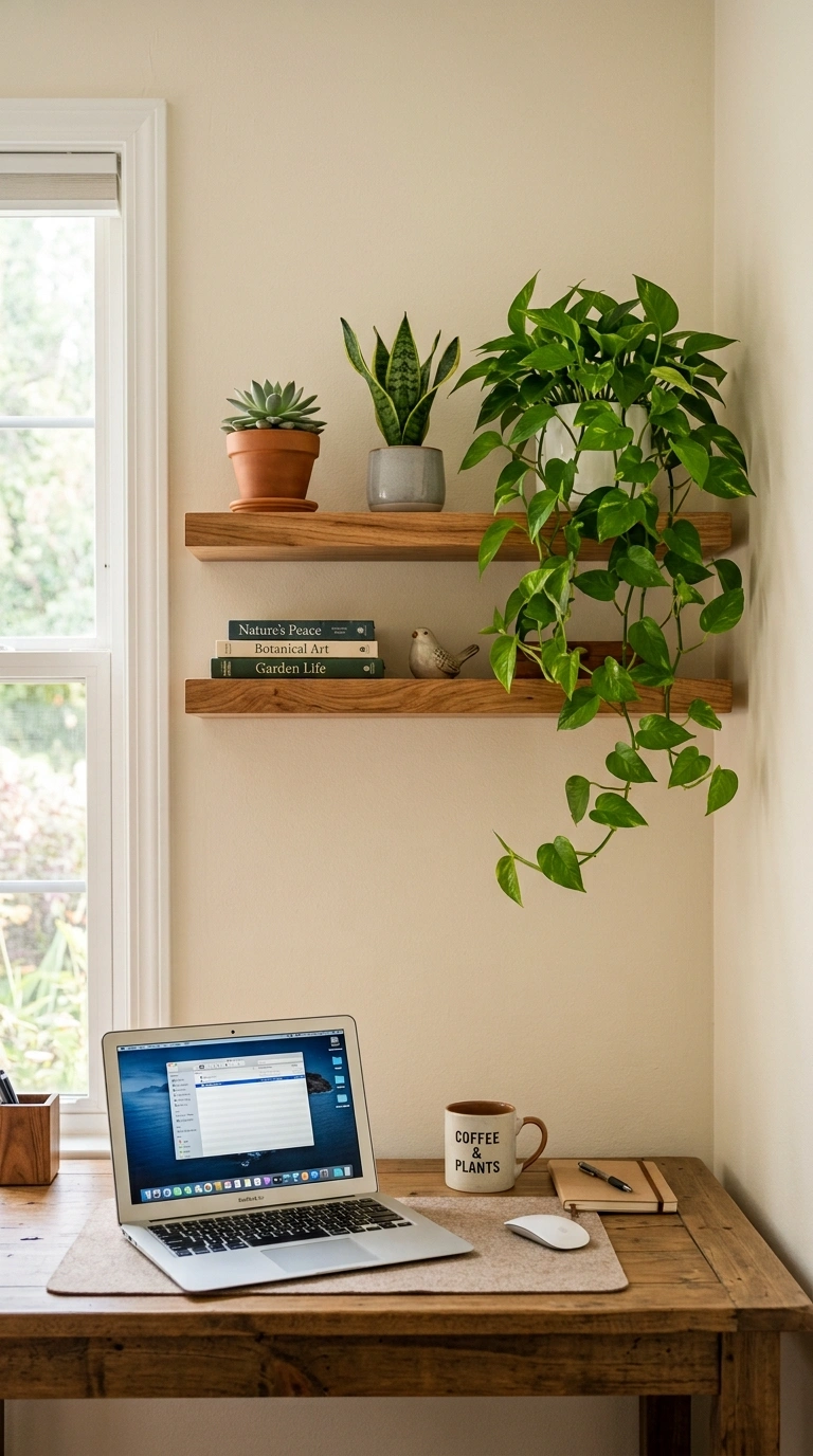 010 Plant Filled Shelf A floating wood shelf beside a