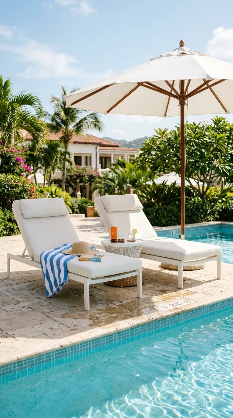 010 Poolside Lounge Chairs Two white poolside lounge c