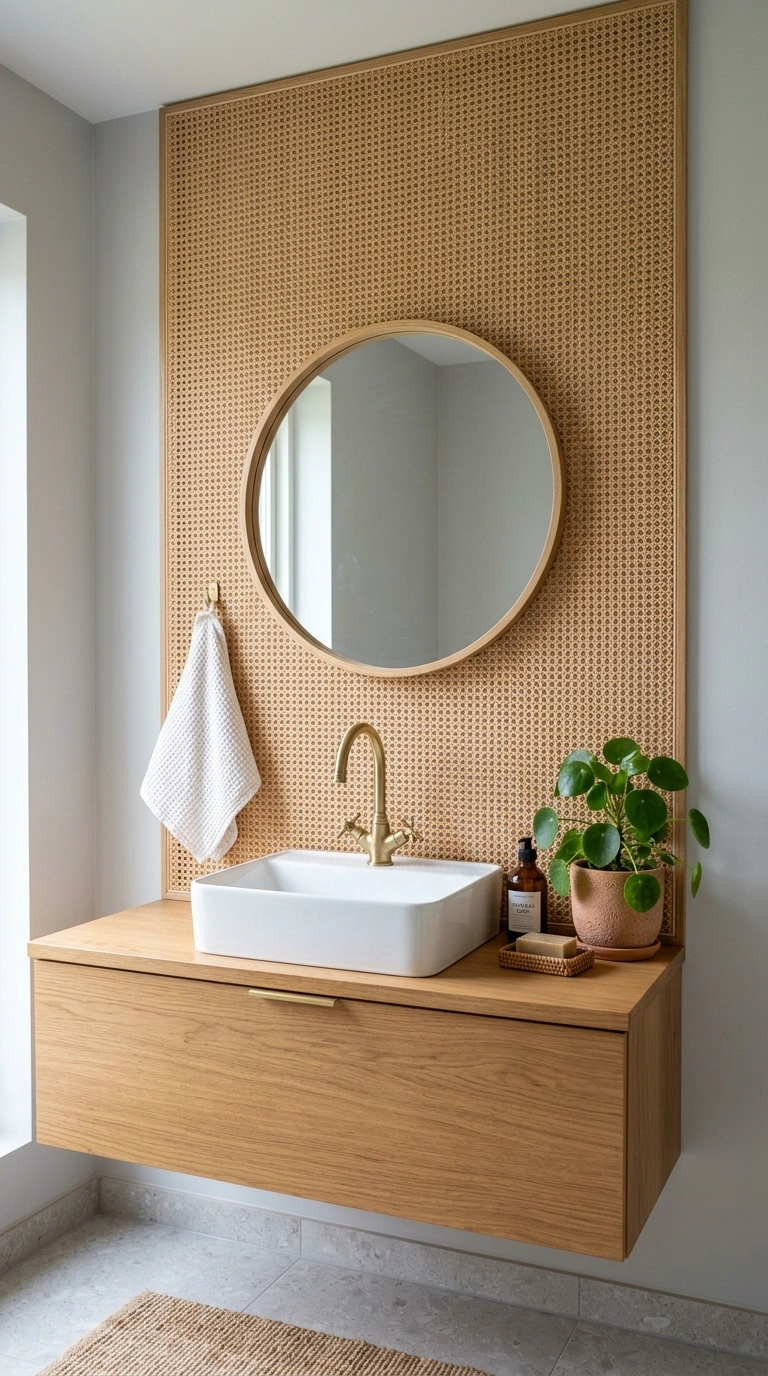 010 Rattan Accent Panel A bathroom wall behind a white