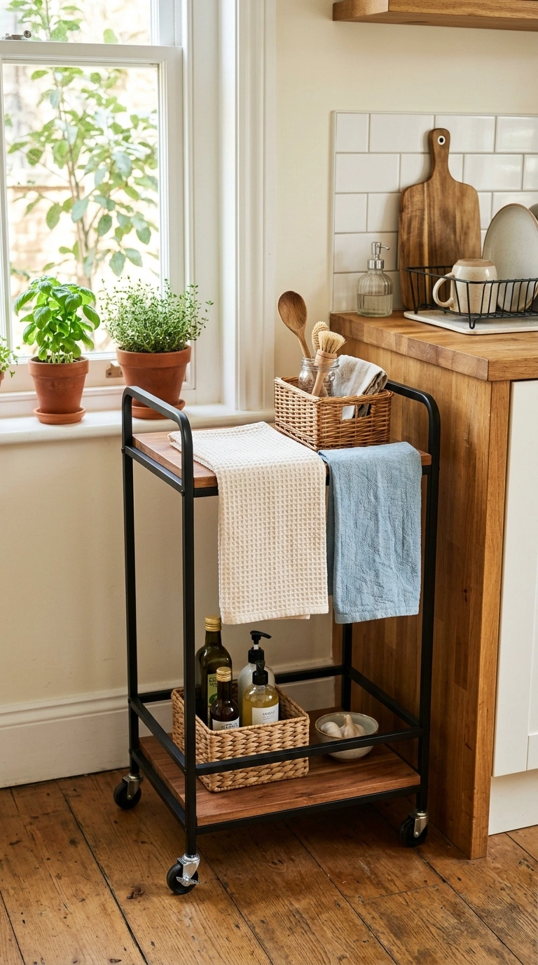 010 Rolling Kitchen Cart A slim wood and black metal r