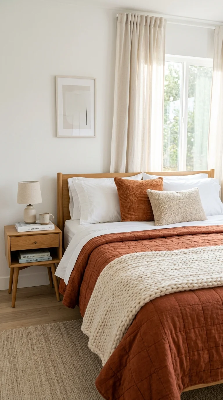 Cozy Fall Decor Ideas for Every Room (21 Picks) 11 010 Rust Bedding Layers A neatly made bed with white s