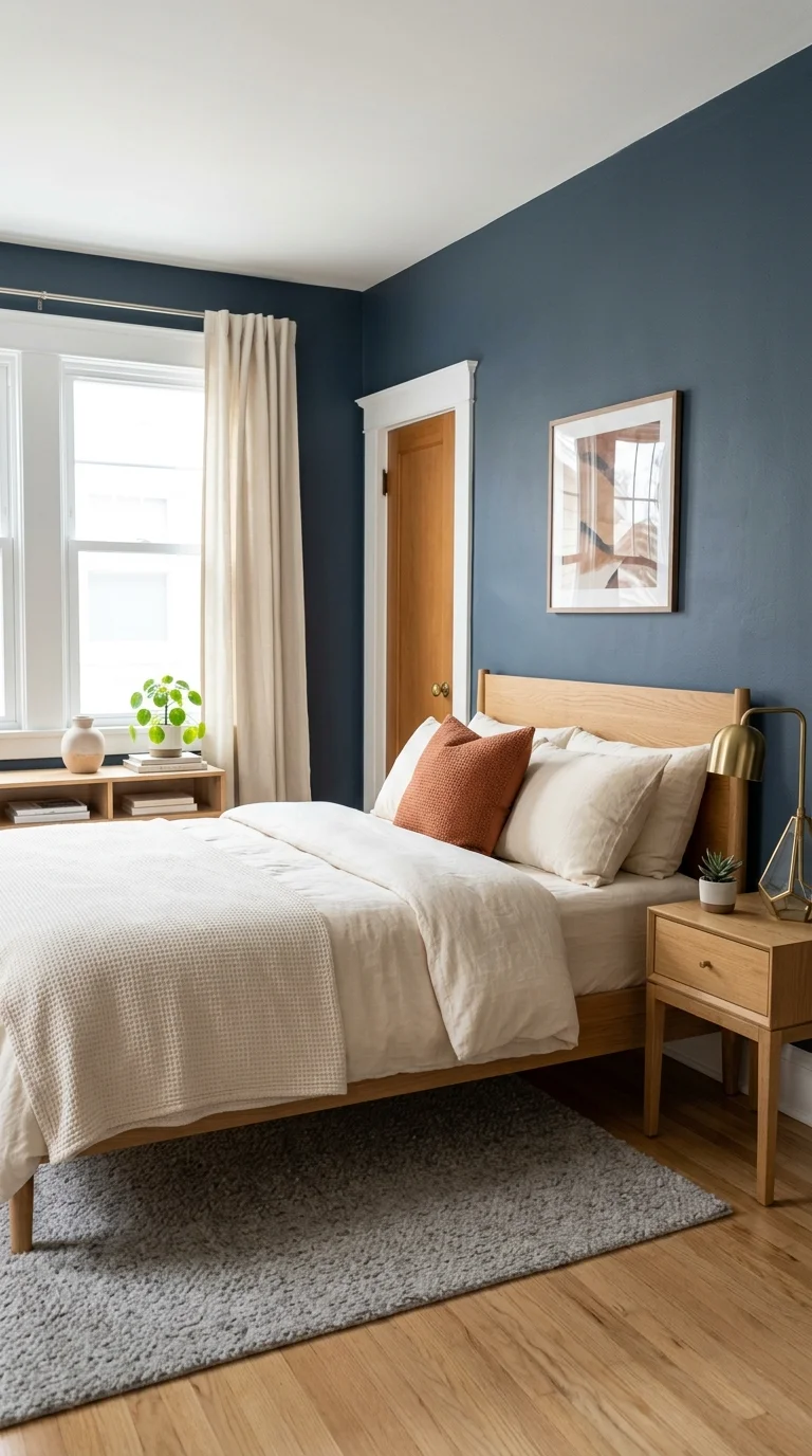 010 Slate Blue Walls A bedroom with matte slate blue w