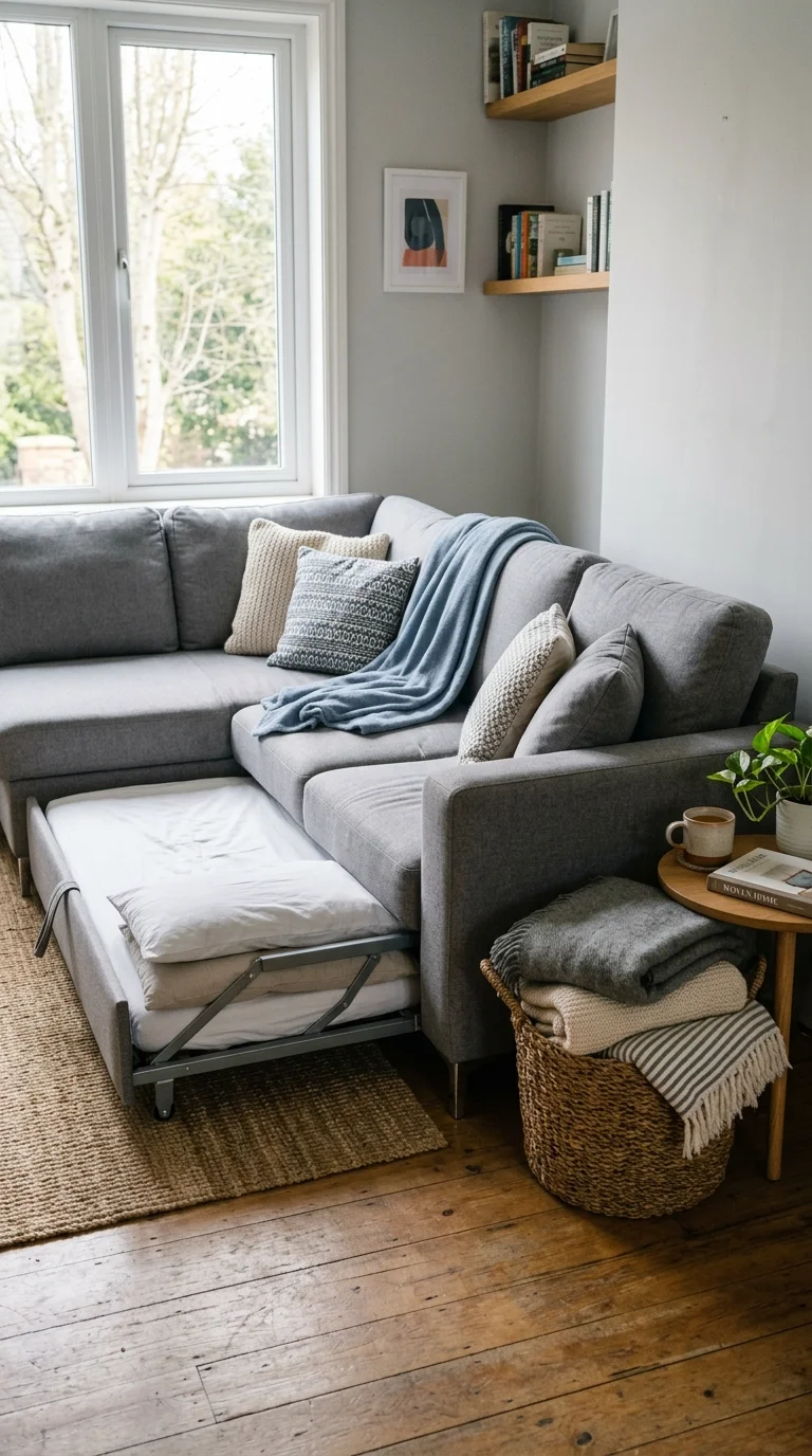 010 Sleeper Corner Sofa A gray corner sofa with a pull