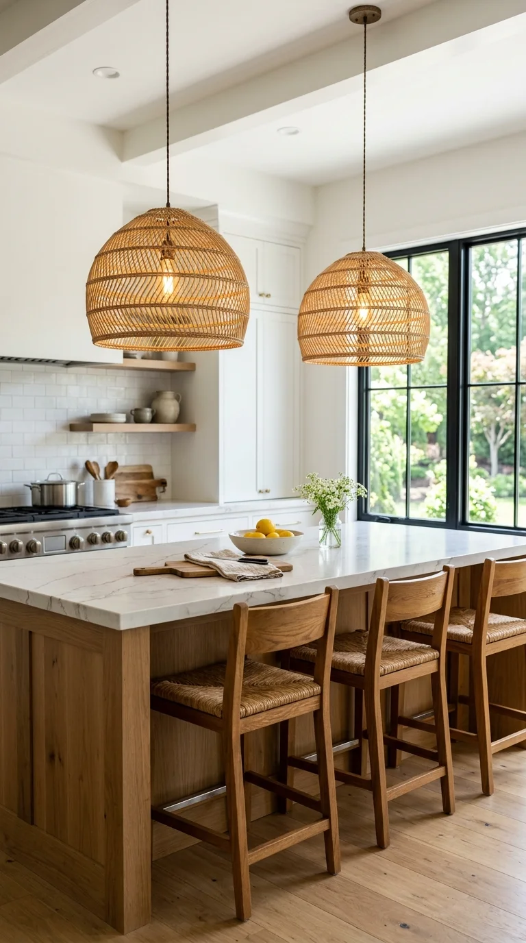 010 Statement Pendant Lights A kitchen island with two