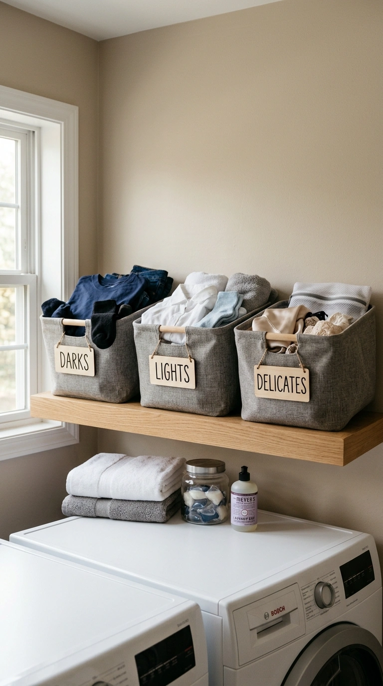 Small Laundry Room? 16 Organization Ideas That Help 11 010 Use Labeled Baskets A small laundry room shelf wit