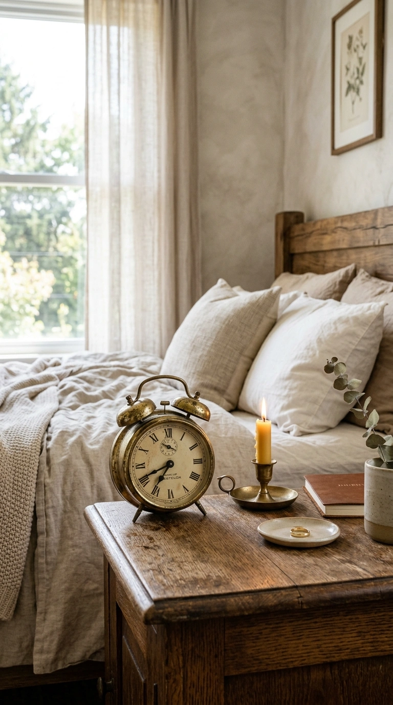 Nightstand Styling 101: 12 Looks to Try 11 010 Vintage Clock Display A bedroom nightstand featuri