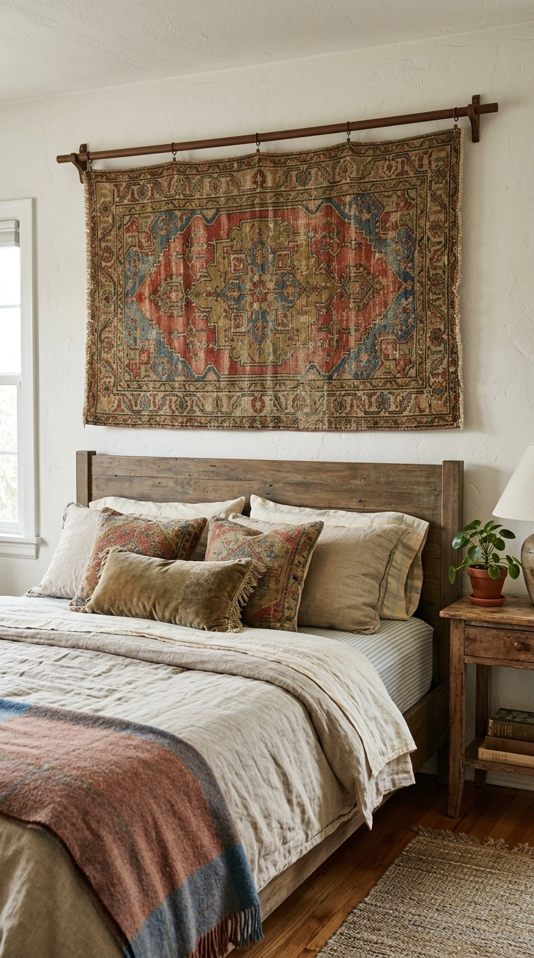 What to Put Above Your Bed: 20 Wall Decor Ideas 11 010 Vintage Tapestry Rug A bed with a vintage patterne