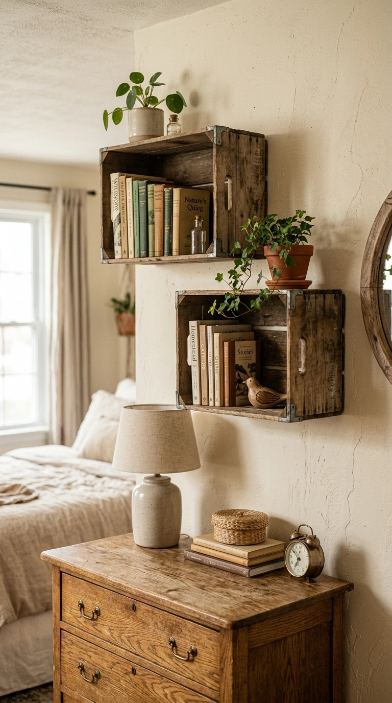 Rustic Bedroom Vibes — 16 Cozy Ideas 11 010 Wood Crate Shelf A rustic bedroom wall with two we