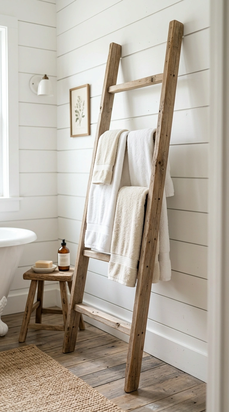 Farmhouse Bathrooms Done Right: 14 Inspiring Looks 11 010 Wood Ladder Towel Rack A farmhouse bathroom with a