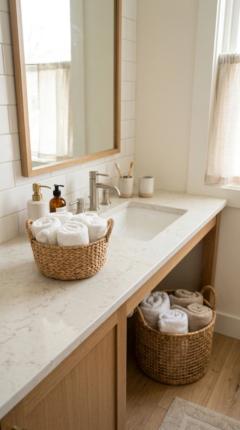 010 Woven Basket Bins A bathroom counter with a small
