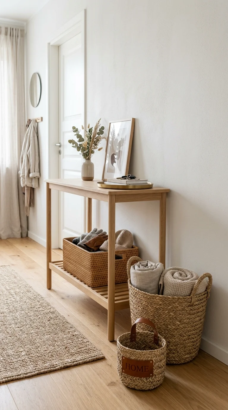 Your Tiny Hallway Deserves This Glow-Up: 20 Ideas to Try 11 010 Woven Basket Storage A neat hallway corner with a