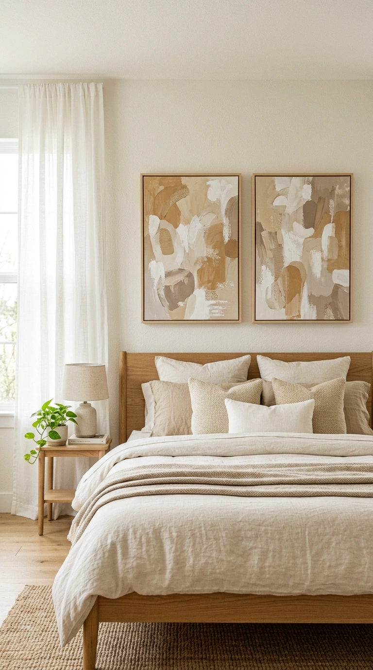 What to Put Above Your Bed: 20 Wall Decor Ideas 12 011 Abstract Canvas Duo A bed with two abstract canvas