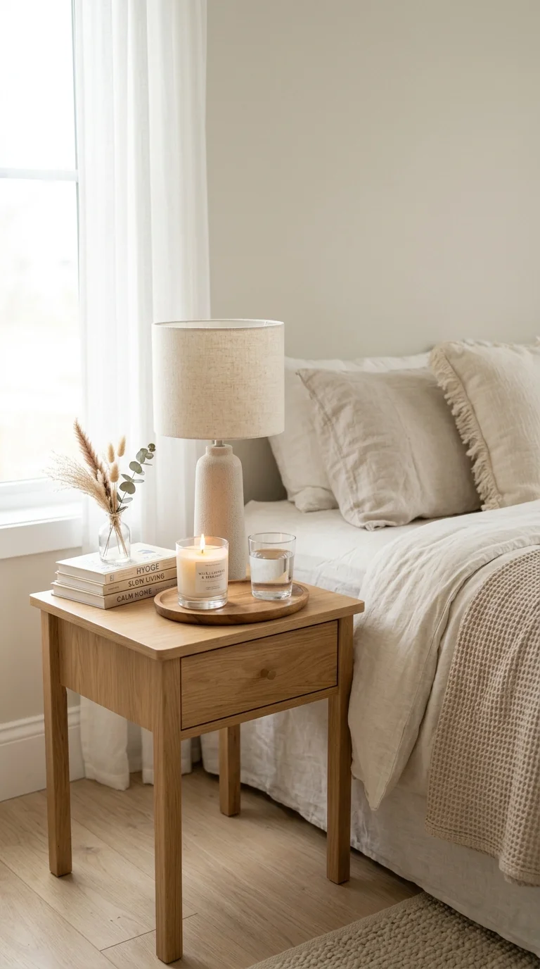 Cozy Fall Decor Ideas for Every Room (21 Picks) 12 011 Bedside Candle Glow A light wood nightstand in a b