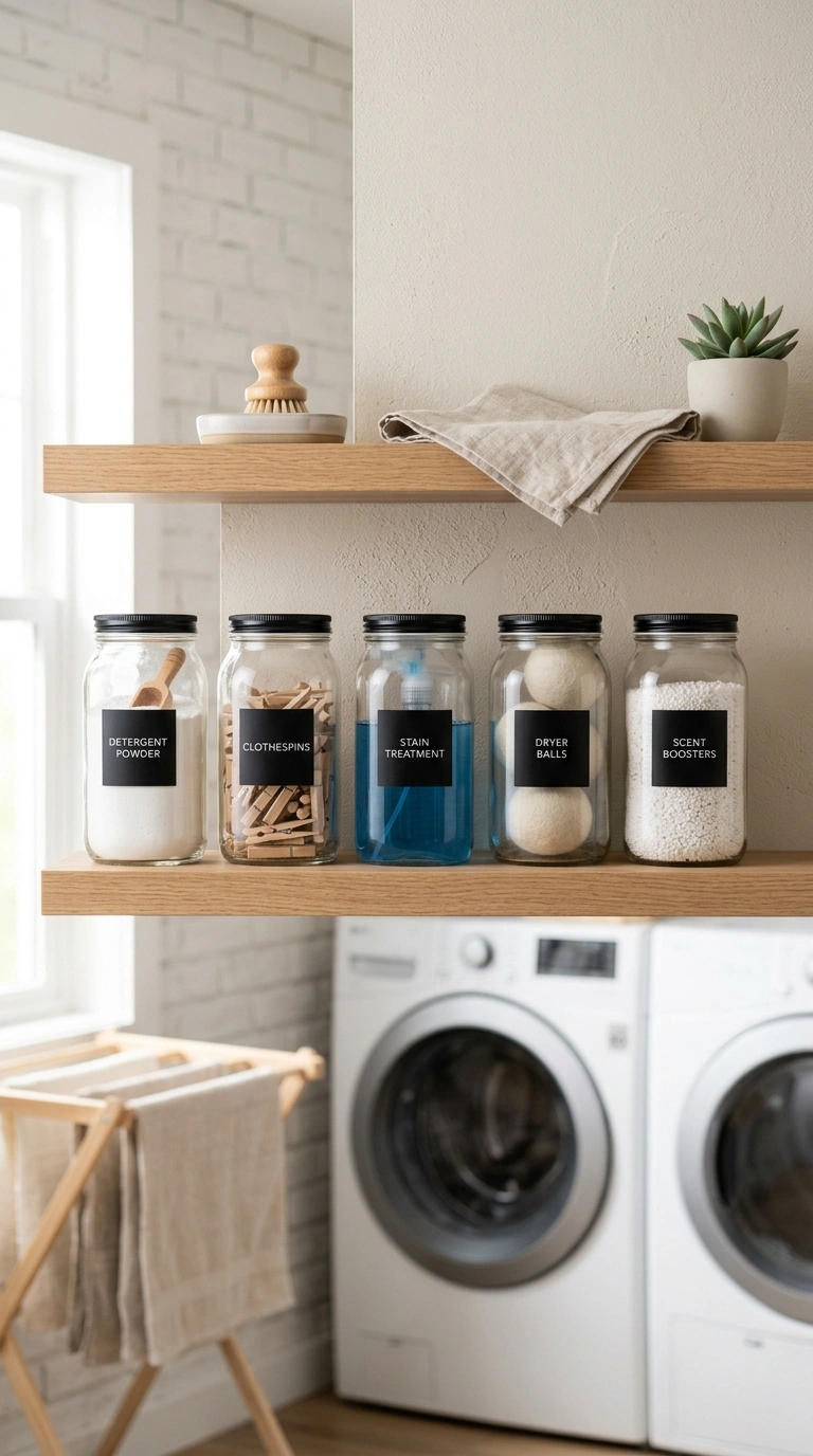 Laundry Shelves Styled Beautifully (13 Ideas) 12 011 Canister Labeling System A laundry shelf with five