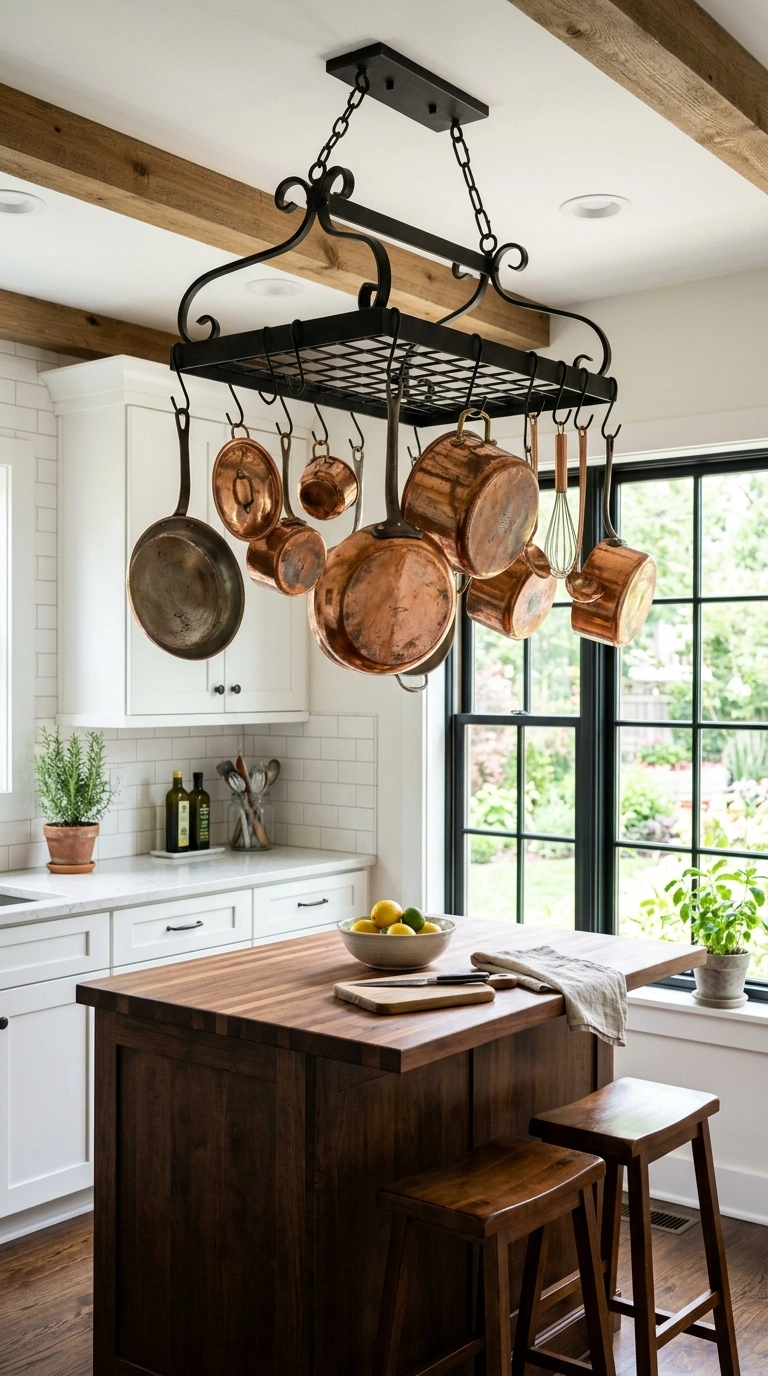 011 Ceiling Pot Rack A small kitchen island beneath a