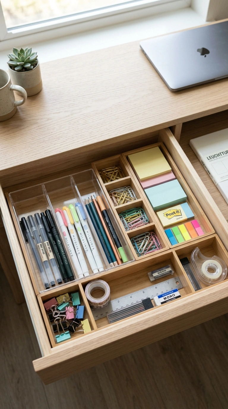 Home Office Storage That Keeps You Sane 12 011 Desk Drawer Organizer Trays An open desk drawer sh