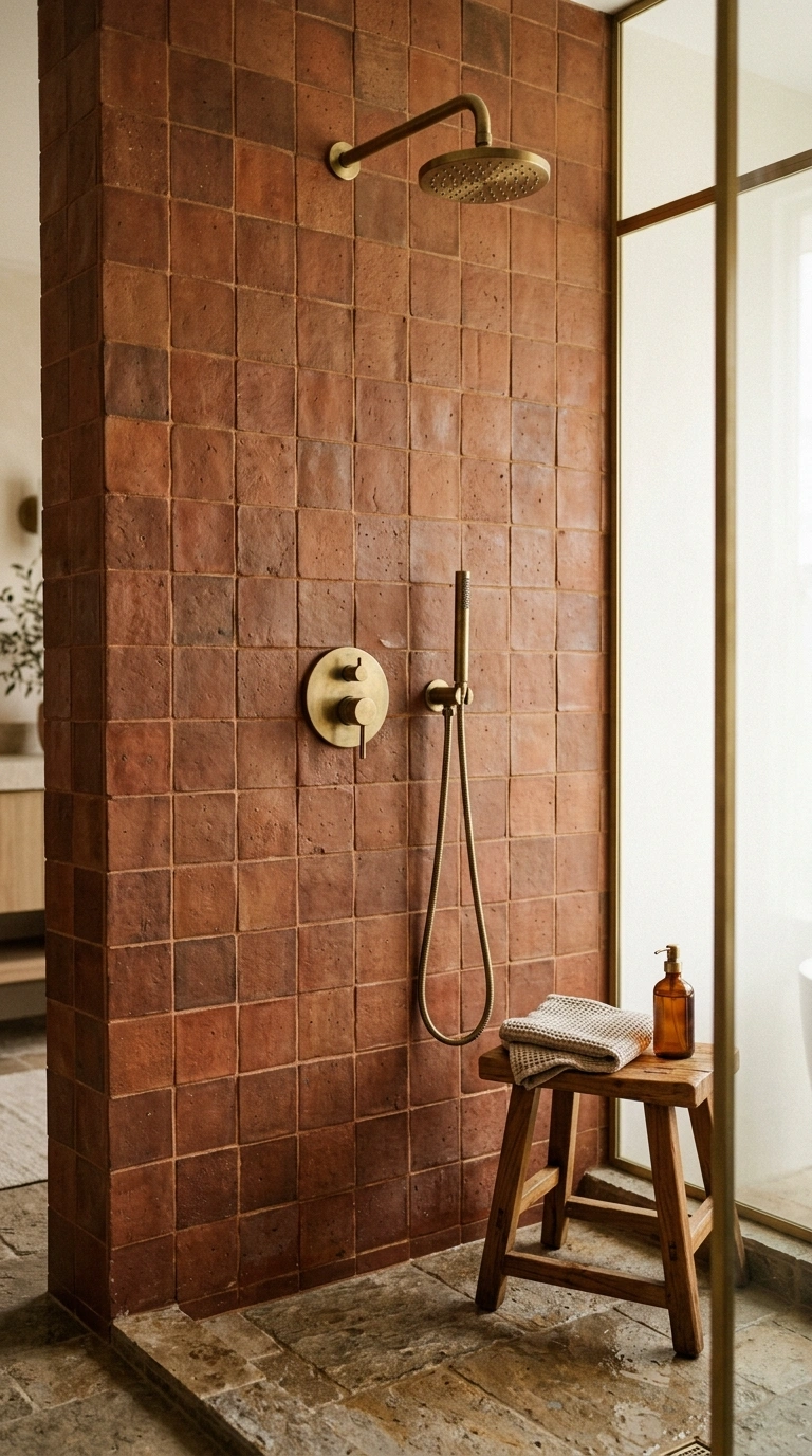 011 Earthy Clay Tile A shower wall tiled in matte burn