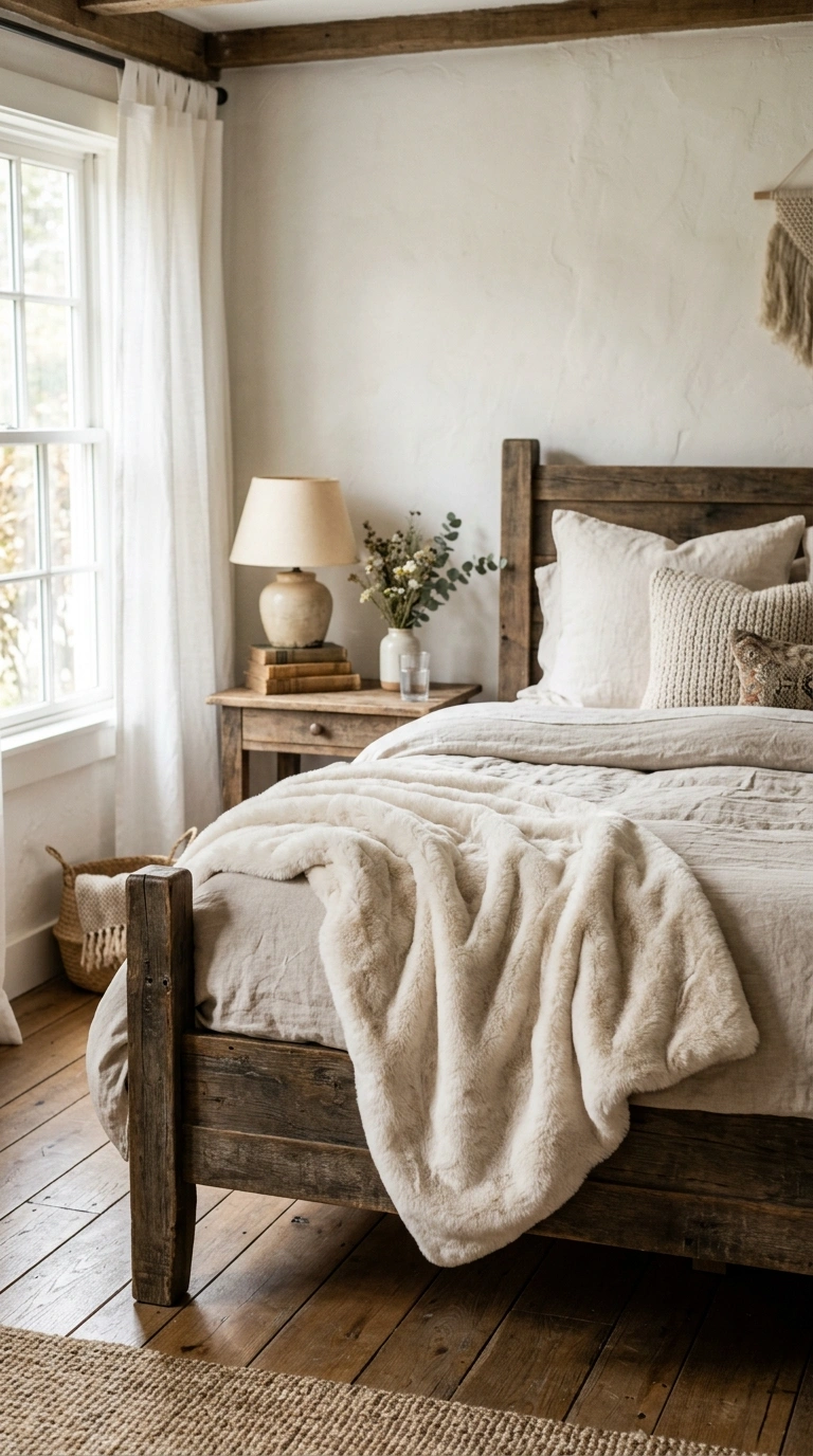 Rustic Bedroom Vibes — 16 Cozy Ideas 12 011 Faux Fur Throw A rustic bedroom with a cream faux