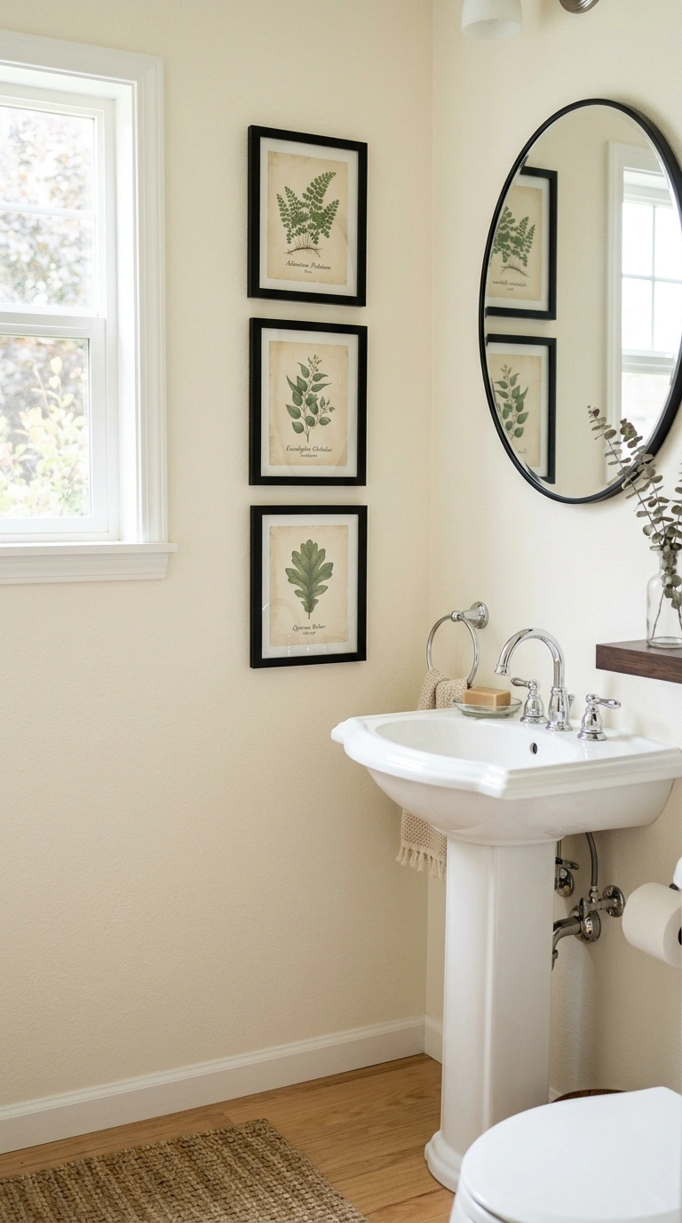 Small Half Bath? Here Are 11 Ideas That Make It Shine 12 011 Framed Art Wall A small half bathroom with a group