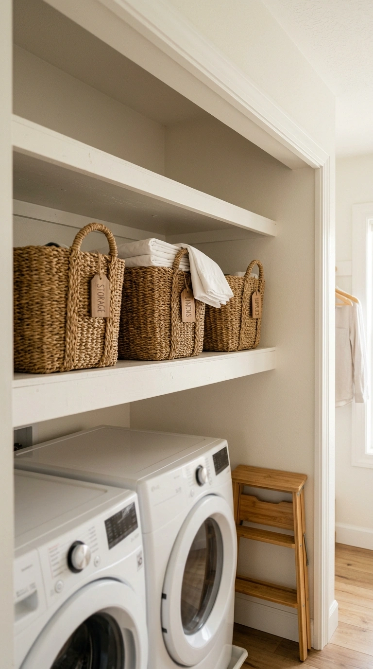 Laundry Closet Storage for Tiny Spaces (11 Ideas) 12 011 High Shelf Baskets The upper part of a laundry clo