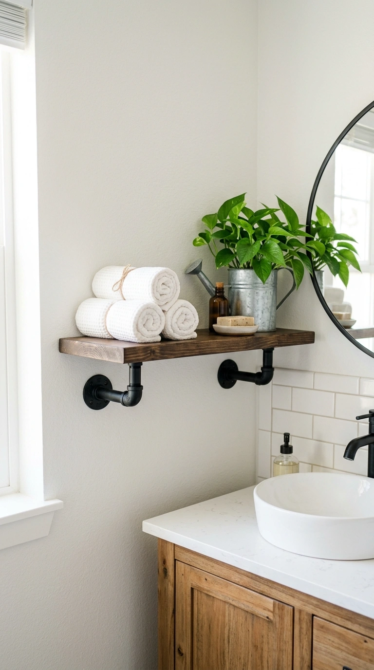 011 Industrial Pipe Shelf A wood plank shelf mounted o