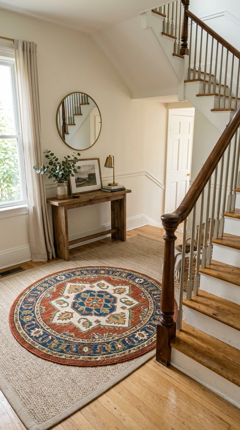 Layering Rugs the Right Way (12 Ideas) 12 011 Layered Rugs on Stairs Landing A small stair landi
