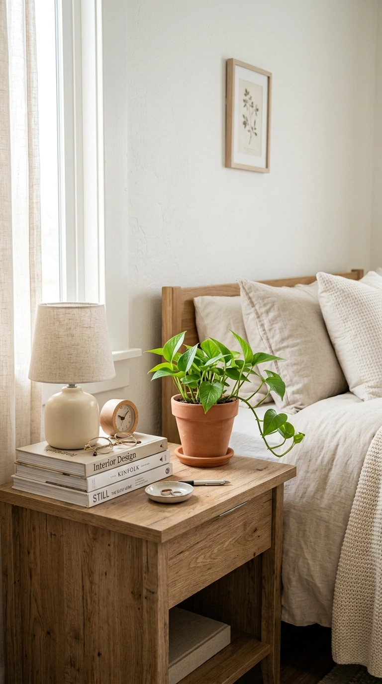 Nightstand Styling 101: 12 Looks to Try 12 011 Mini Plant Touch A bedroom nightstand with a small