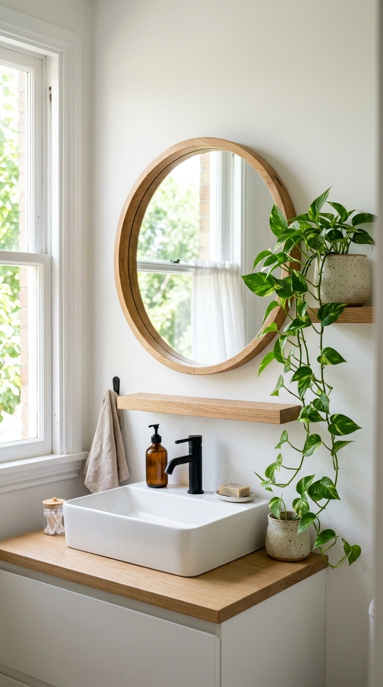 011 Mirror With Greenery A bathroom vanity with a roun