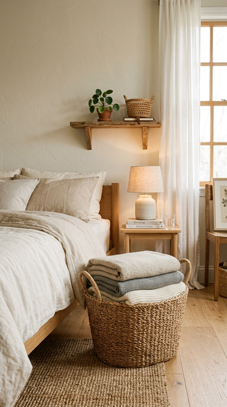Neutral Bedrooms That Never Go Out of Style (15 Ideas) 12 011 Natural Fiber Baskets A bedroom corner with a larg