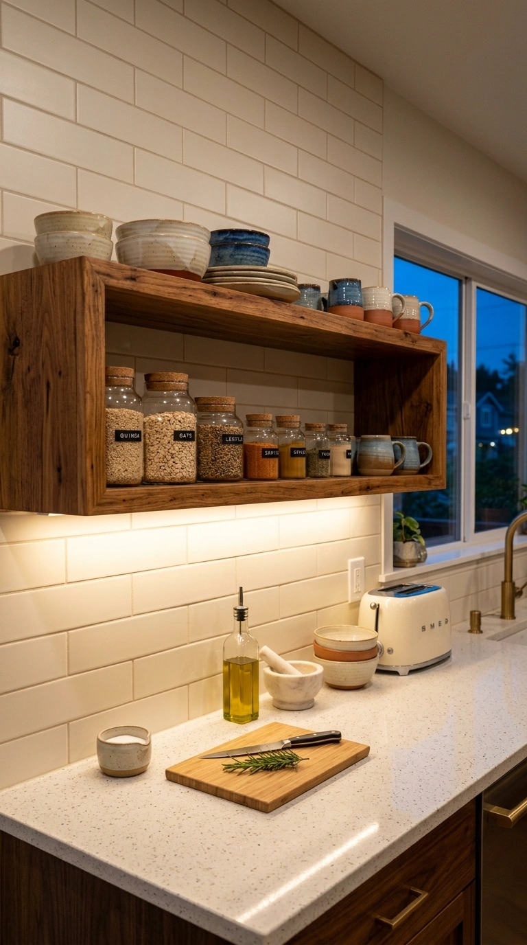 011 Open Shelf Lighting A wood open shelf above a kitc