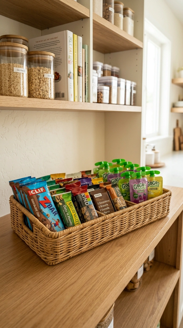 011 Snack Basket Station A low pantry shelf with a wid