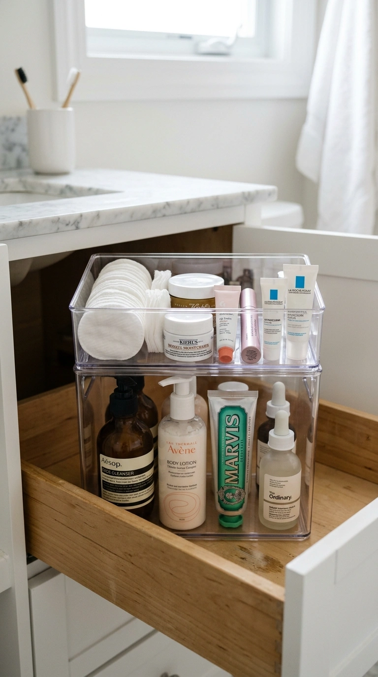 011 Stackable Drawer Trays An open bathroom drawer wit