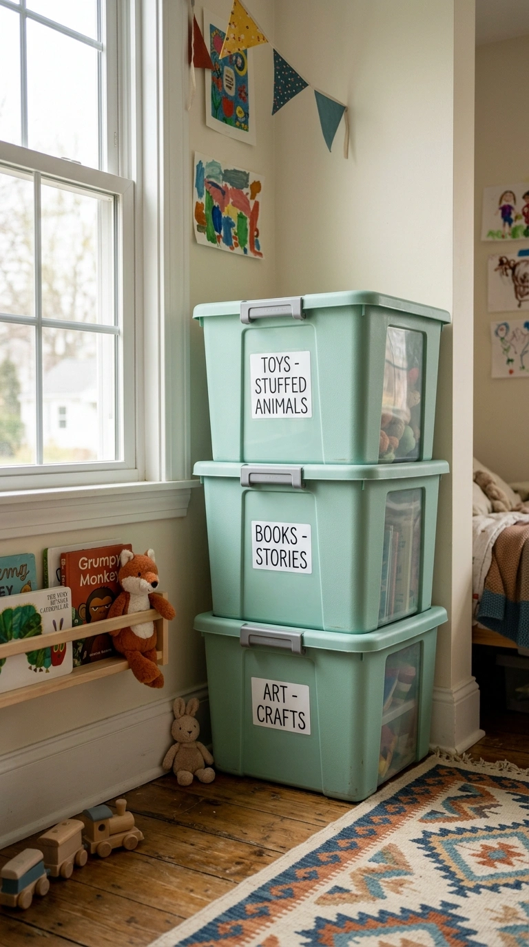 Kids Bedroom Storage That Actually Gets Used (17 Ideas) 12 011 Stackable Storage Bins A kids bedroom corner with