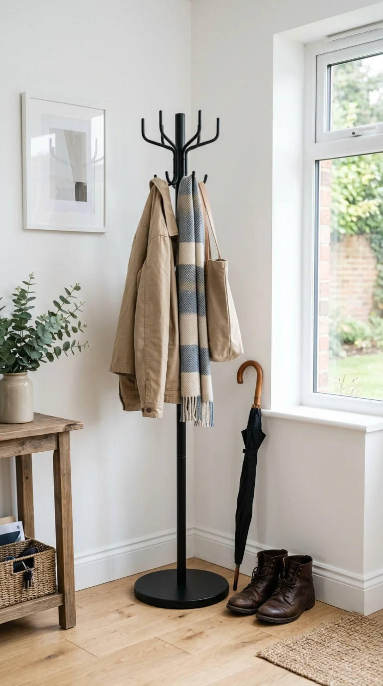 011 Standing Coat Tree A black metal coat tree in the