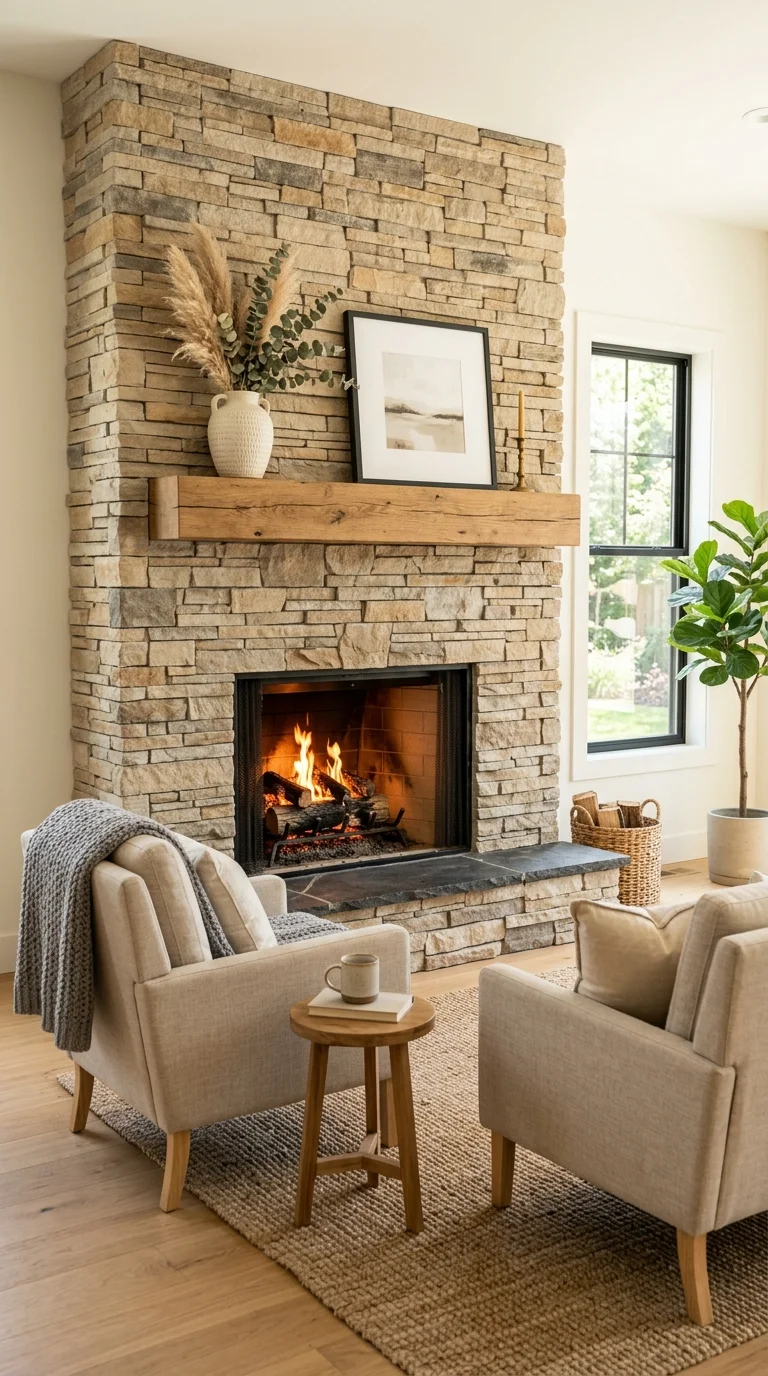 011 Stone Fireplace Surround A stacked ledgestone fire