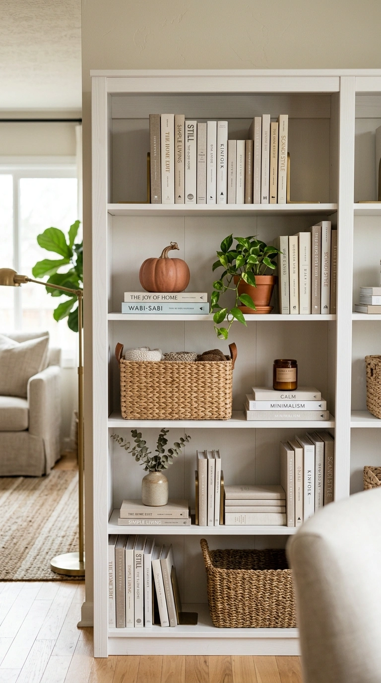 21 Easy Seasonal Updates for Anyone Decorating on a Budget 12 011 Update Bookshelf Decor A white bookshelf styled wi