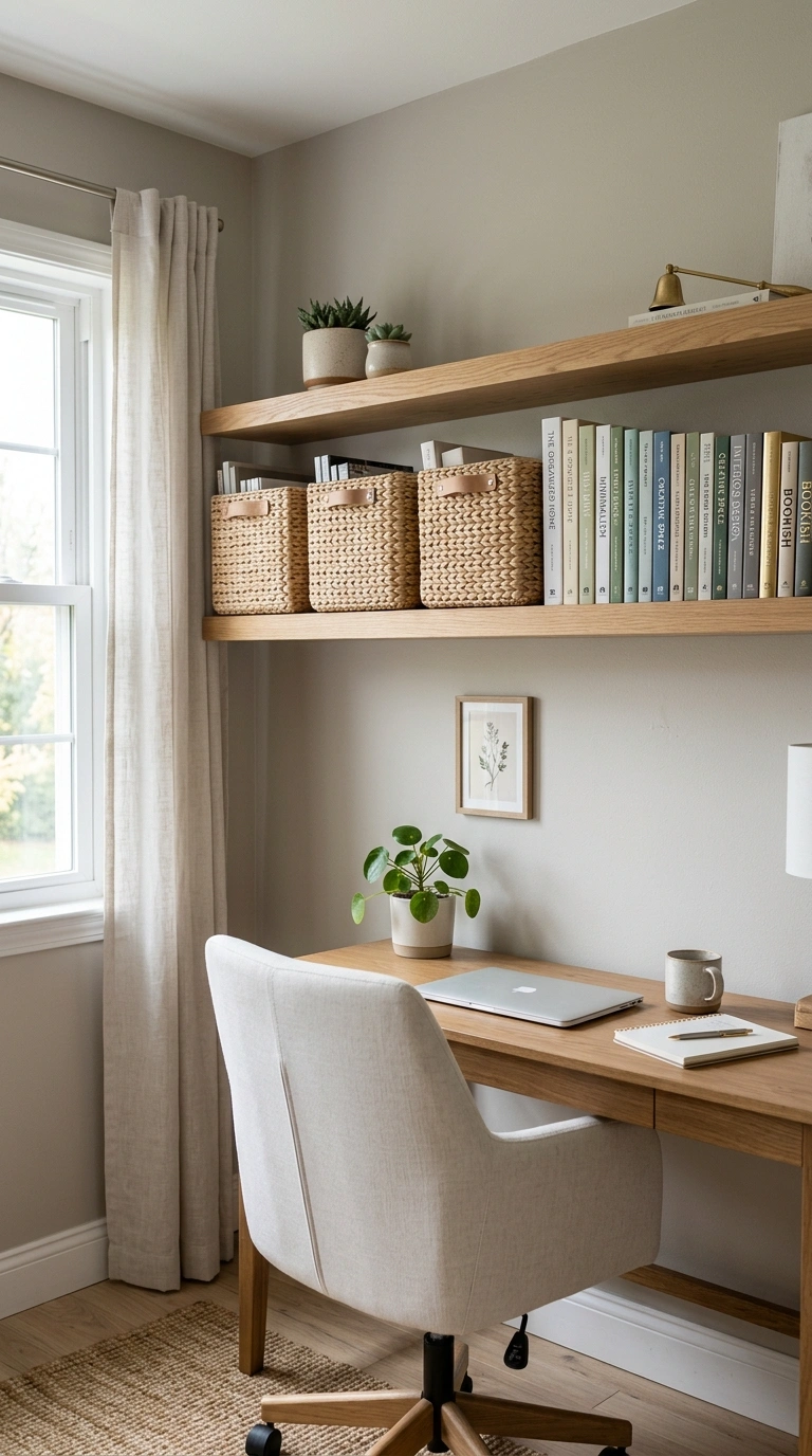 Office Shelf Styling Tips: 12 Easy Ideas 12 011 Use Matching Bins A home office shelf with three m