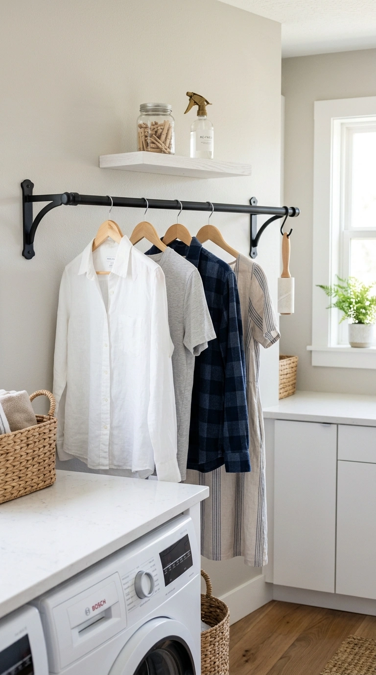 011 Wall Clothes Rod A black metal rod mounted between