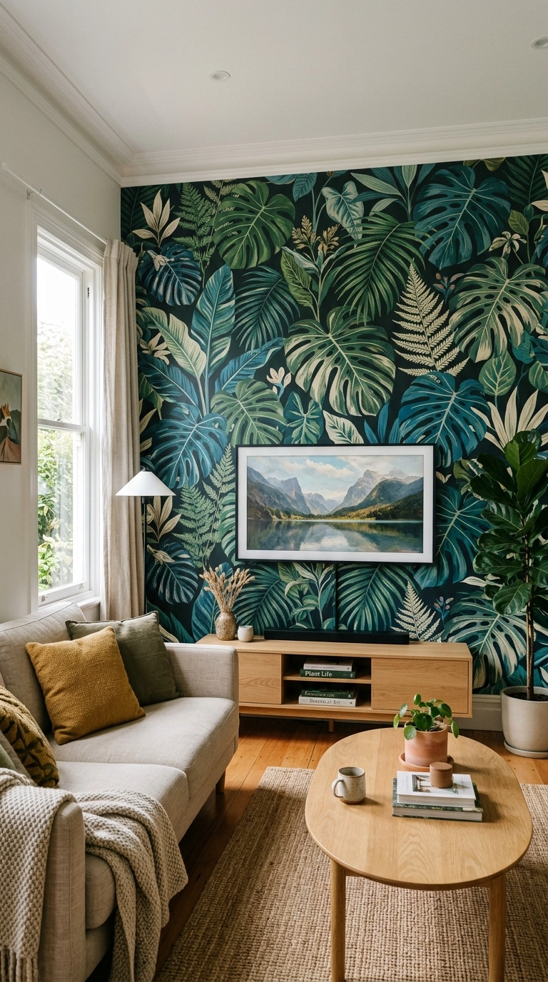TV Wall Ideas That Don't Look Like an Afterthought (18 Picks) 12 011 Wallpaper Statement Wall A living room wall covere