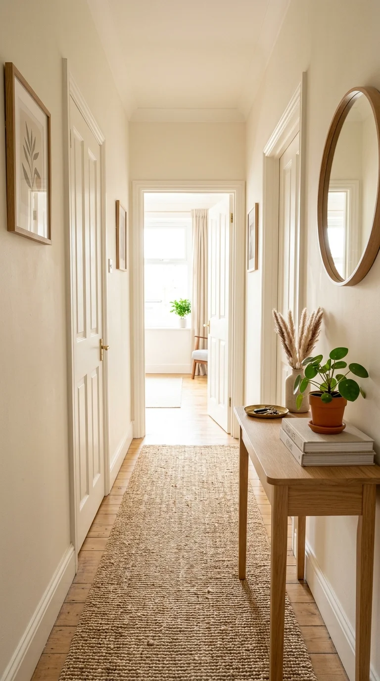 Your Tiny Hallway Deserves This Glow-Up: 20 Ideas to Try 12 011 Warm White Paint A narrow hallway painted in cream