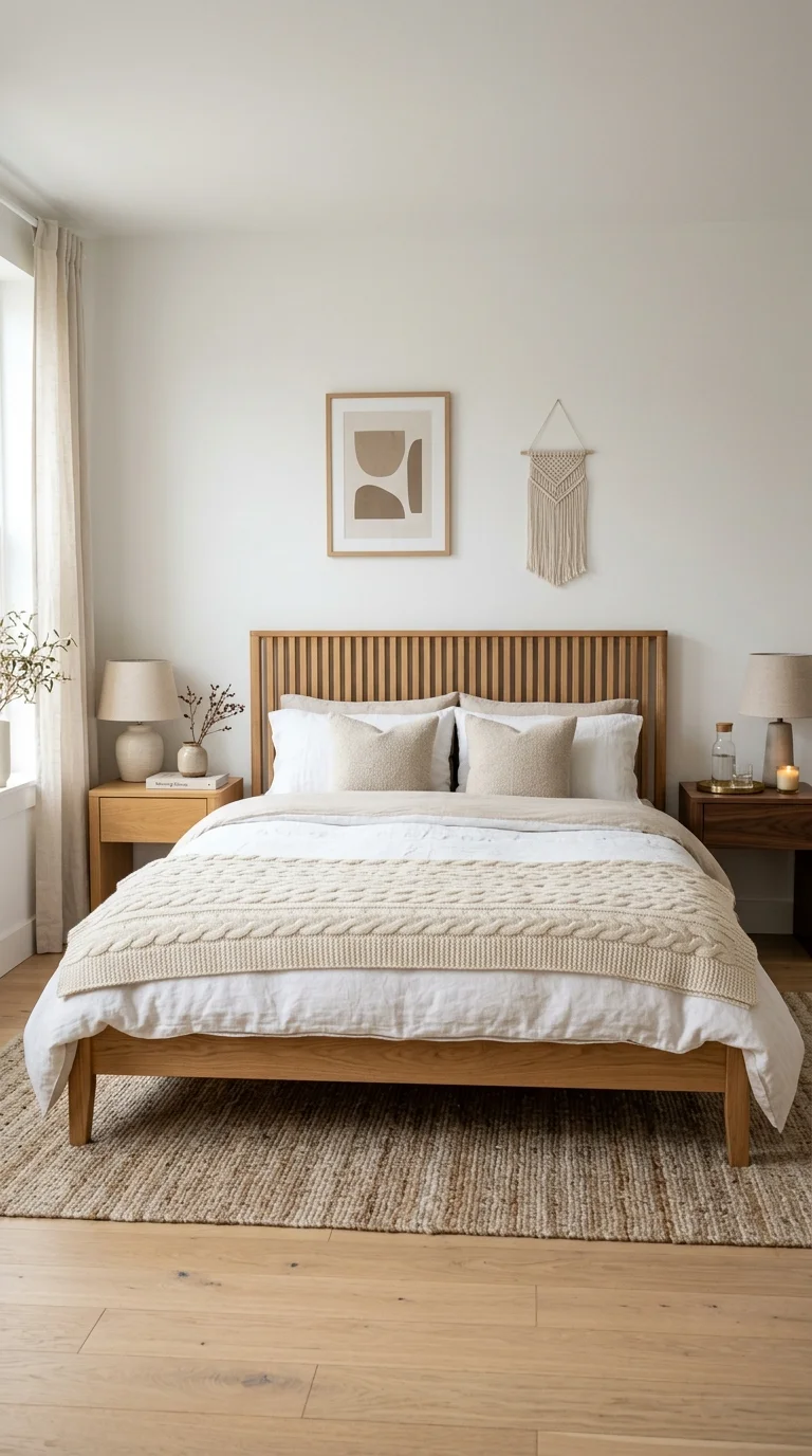 011 Warm Wood Bed A bedroom with a low oak bed frame w