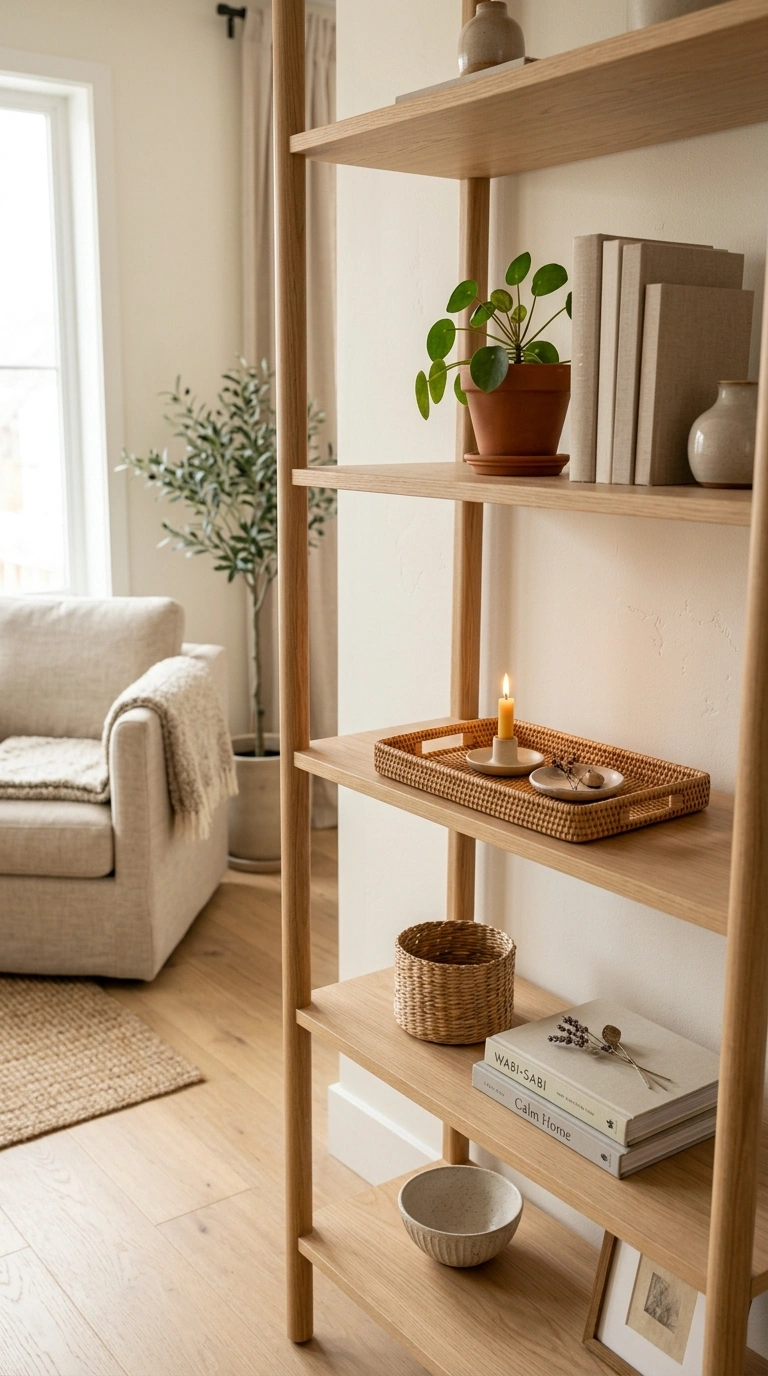 Living Room Shelves Styled Right: 19 Ideas 12 011 Wicker and Wood Mix A light wood shelving unit in