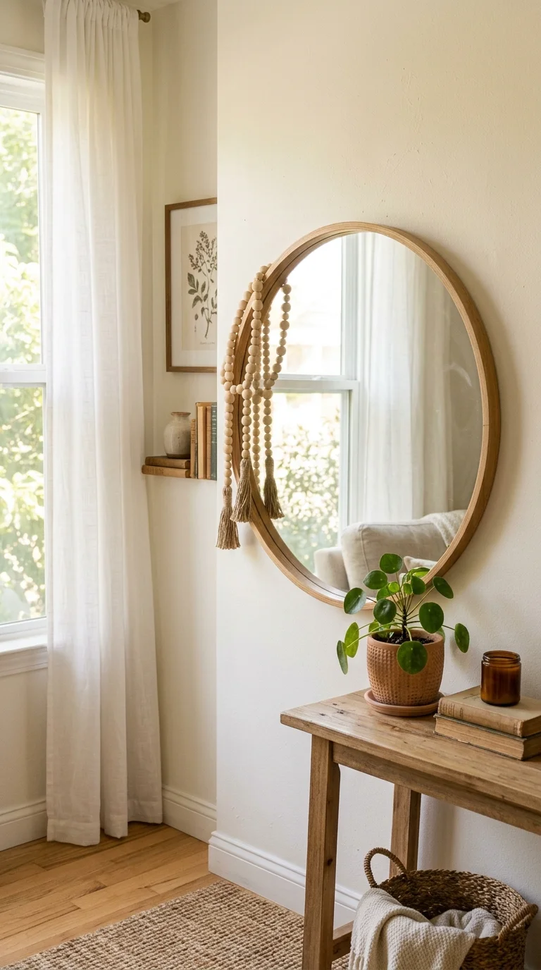 23 Budget Boho Living Rooms That Look Anything But Cheap 12 011 Wood Bead Garland A wood bead garland draped loose