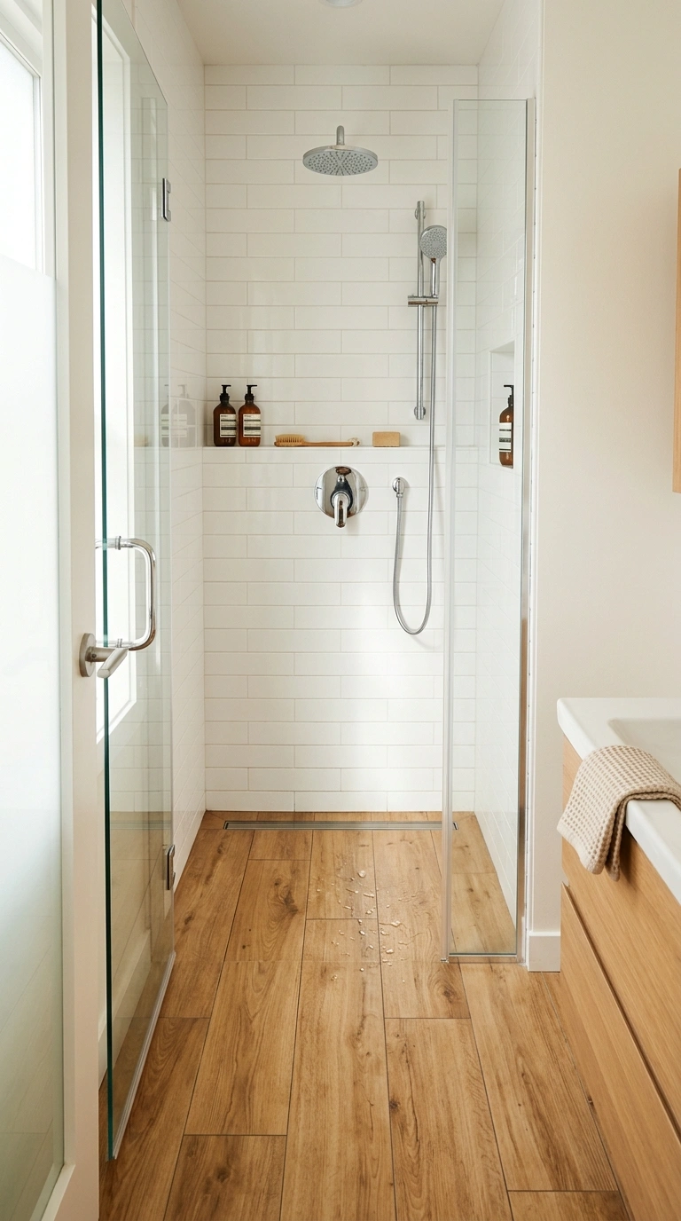 011 Wood Look Tile A small shower with a wood look por