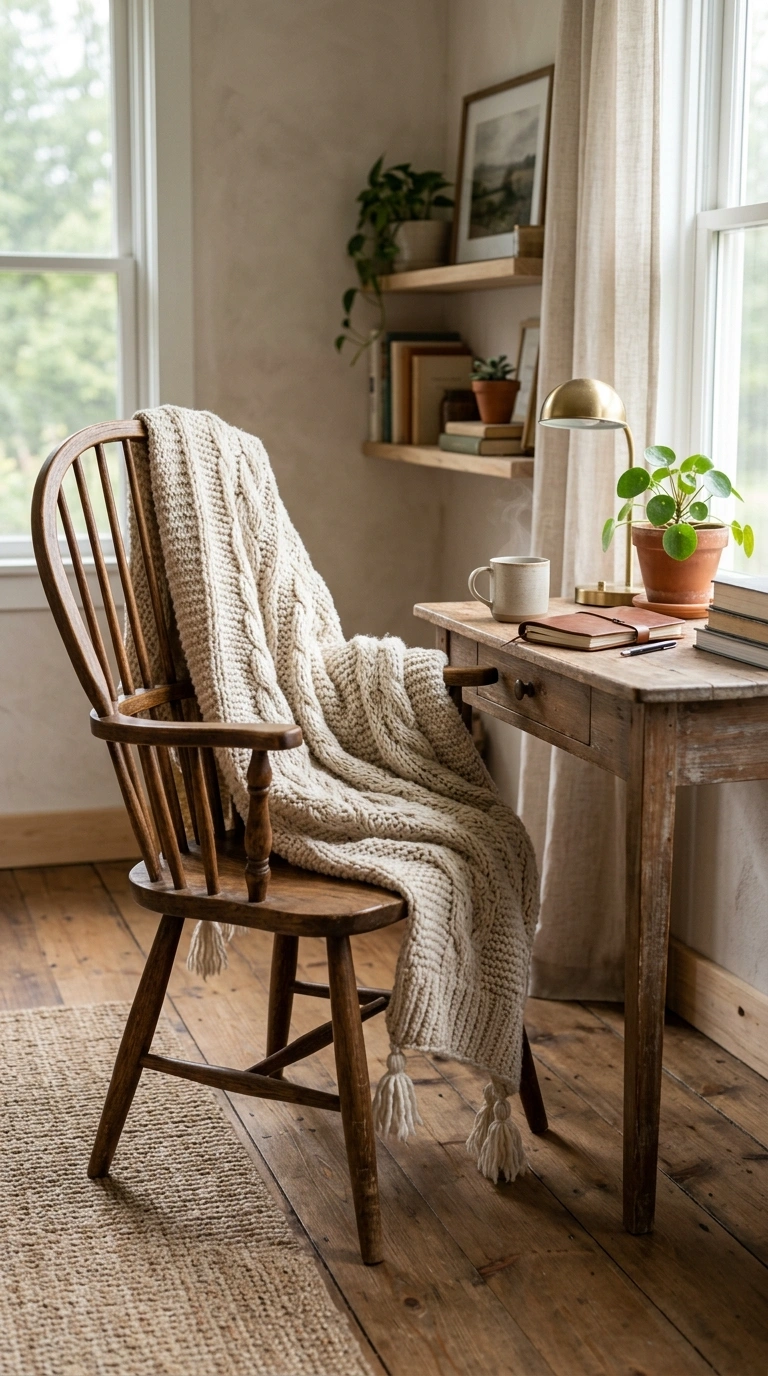 19 Classy Desk Setups That Make Small Workspaces Feel Special 13 012 Add a Cozy Chair Throw A wood desk chair with a ch