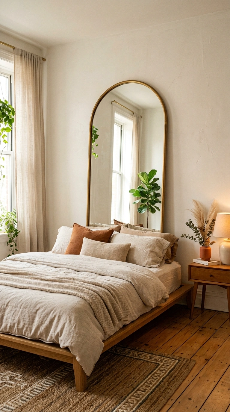 What to Put Above Your Bed: 20 Wall Decor Ideas 13 012 Arched Wall Mirror A low bed with a tall arched mi
