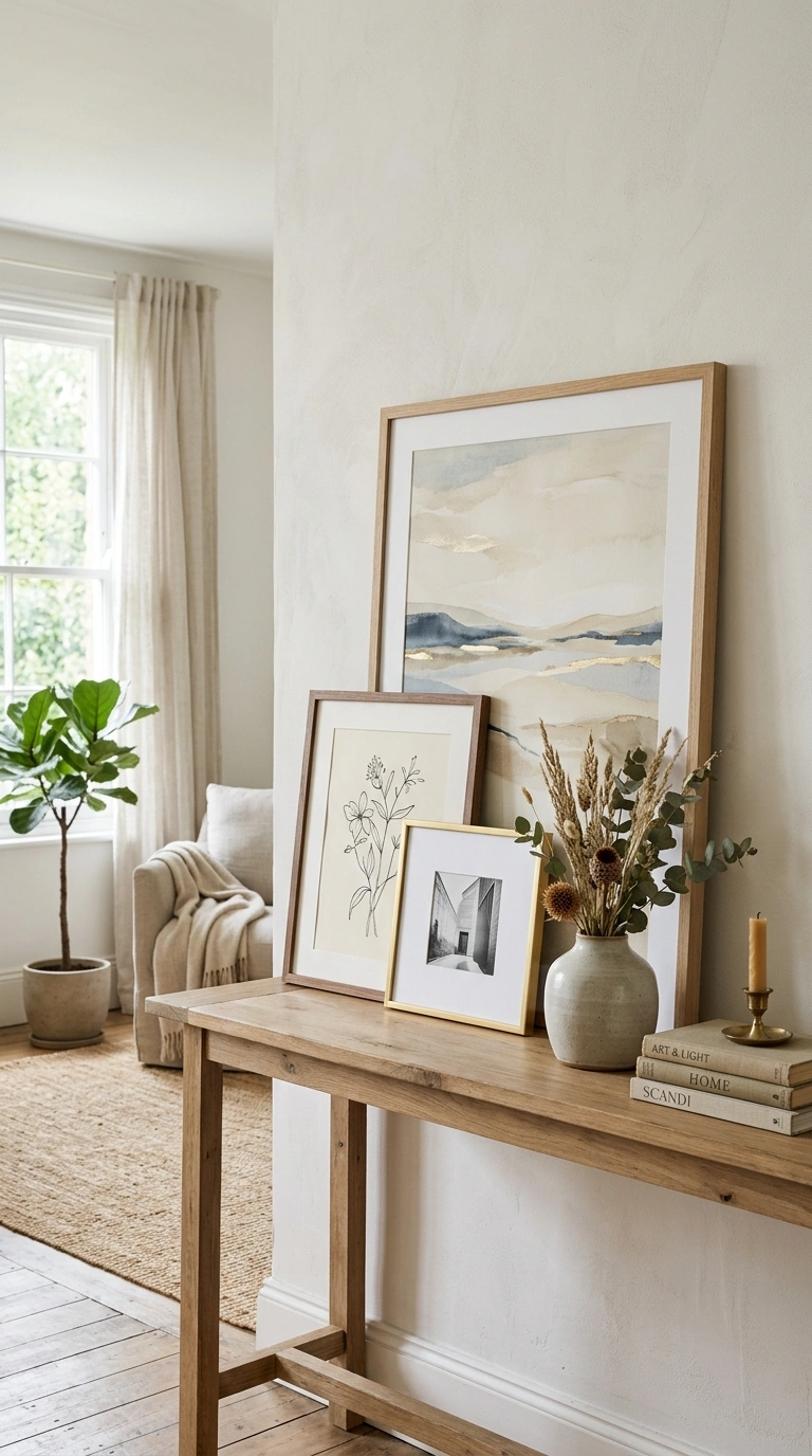 Living Room Shelves Styled Right: 19 Ideas 13 012 Art Leaning Display A console table shelf in a bri
