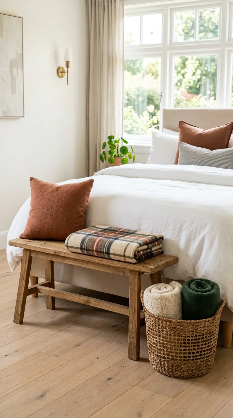 Cozy Fall Decor Ideas for Every Room (21 Picks) 13 012 Bench Blanket Basket A wooden bench at the foot of